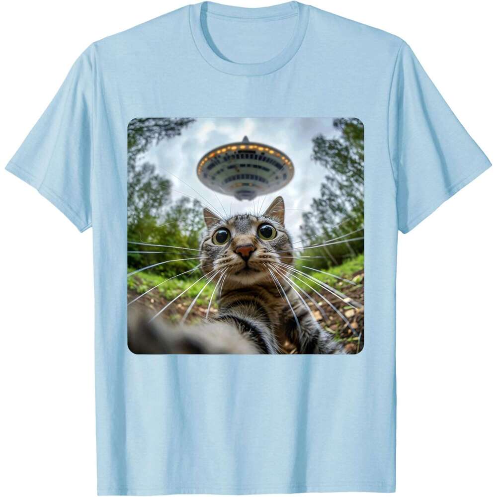 Fashion T shirt Mens Extraterrestrial Encounter: Cat Selfie with Alien UFO T-Shirt shirts tshirt graphic tee Casual tops summer clothes Short sleeve F