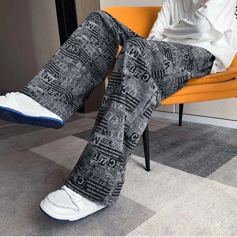 Spring And Autumn Trendy Retro Printed Hip Hop Plus-size Wide-leg Pants Loose Casual Straight Leg Pants Y2k Men Plus-size S-5XL 240805