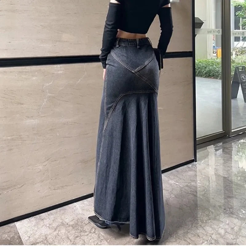 Autumn/winter Vintage High-waisted Denim Skirt Womens Hip-hugging Long Skirt Split-line Curved 240805