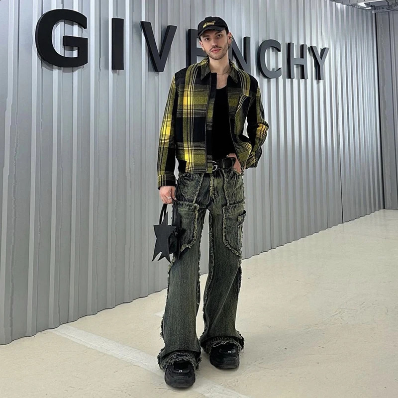 Streetwear Heavy Craft Washed Distressed Faded Jeans Flare Slim Straight Tassel Jeans for Men and Women Raw Edge Denim Pants 240805