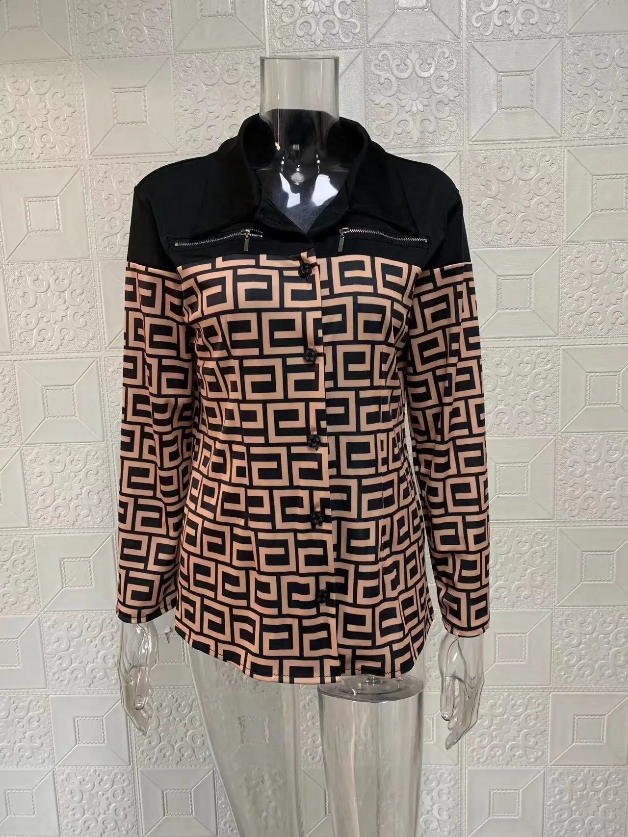 European and American long sleeved single breasted color blocking printed lapel jacket 240802