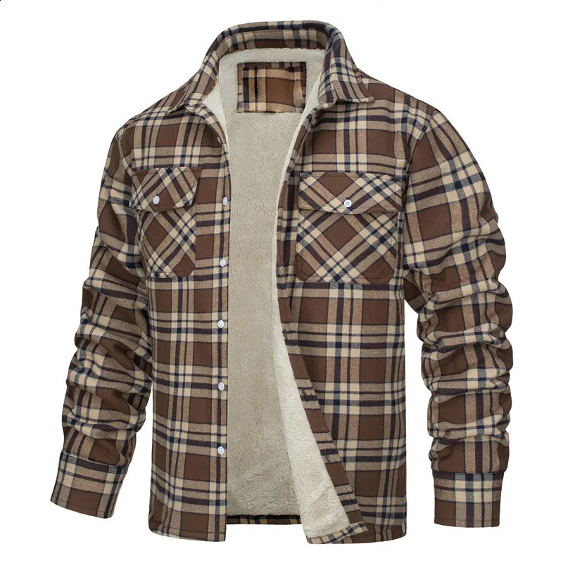 Mens Winter Warm Thick Long Sleeve Lapel Plaid Lined Single Breasted Loose Fleece Jacket 240802