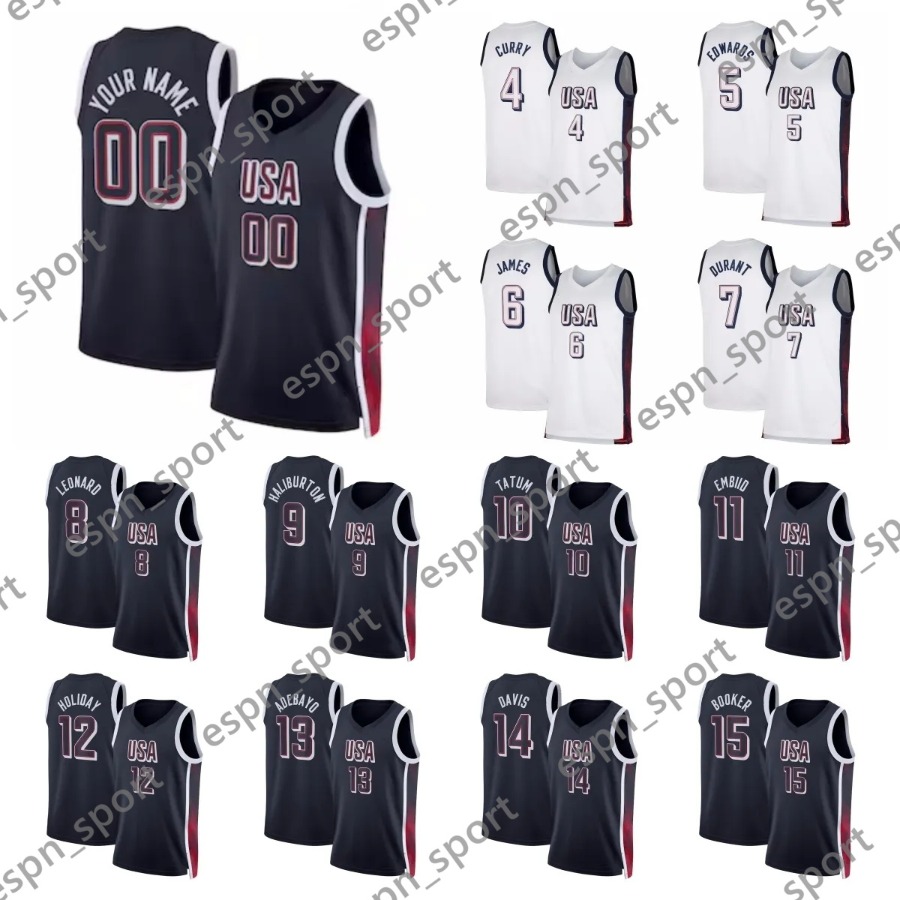 2024 Paris USA Team Jersey Basketball Embroidered Stitched Uniform Men's Shirts 4 Curry 6 James 8 Leonard 10 Tatum Booker