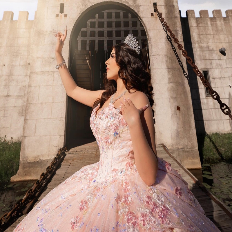 Luxury Pink Mexican Quinceanera Dressess Applique Lace Beads Tull Corset Prom Lace Up Sweet 16 vestido 15 quinceaneras
