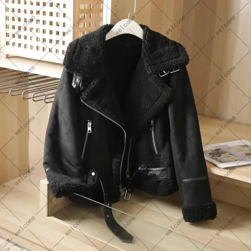 Winter womens thick warm suede sheepskin jacket short motorcycle brown artificial wool 240824