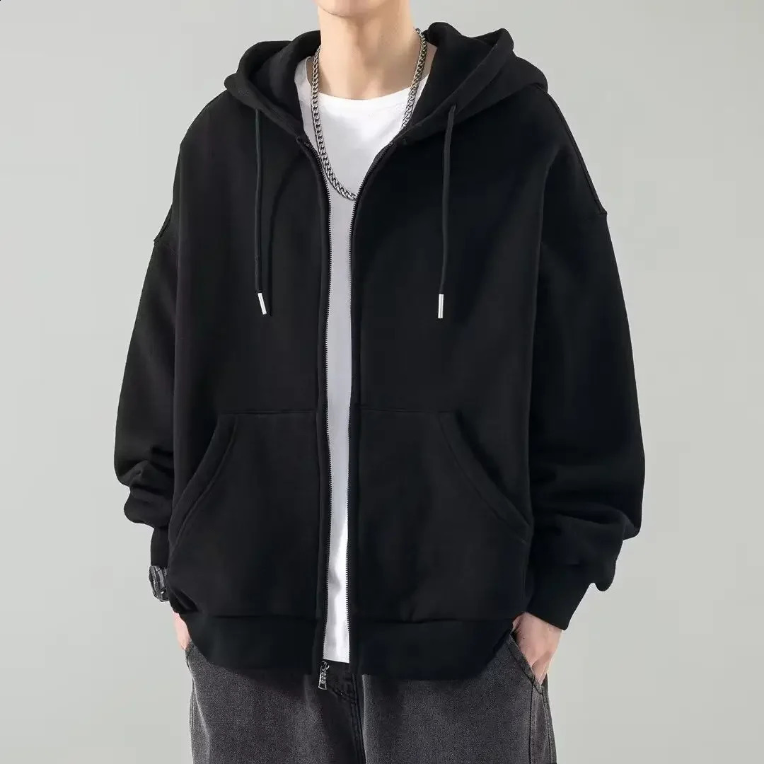 Male Clothes Black Solid Sweatshirt For Men Full Zip Up Hooded Hoodies Winter Young On Sale Offers High Quality Korean Style S 240816
