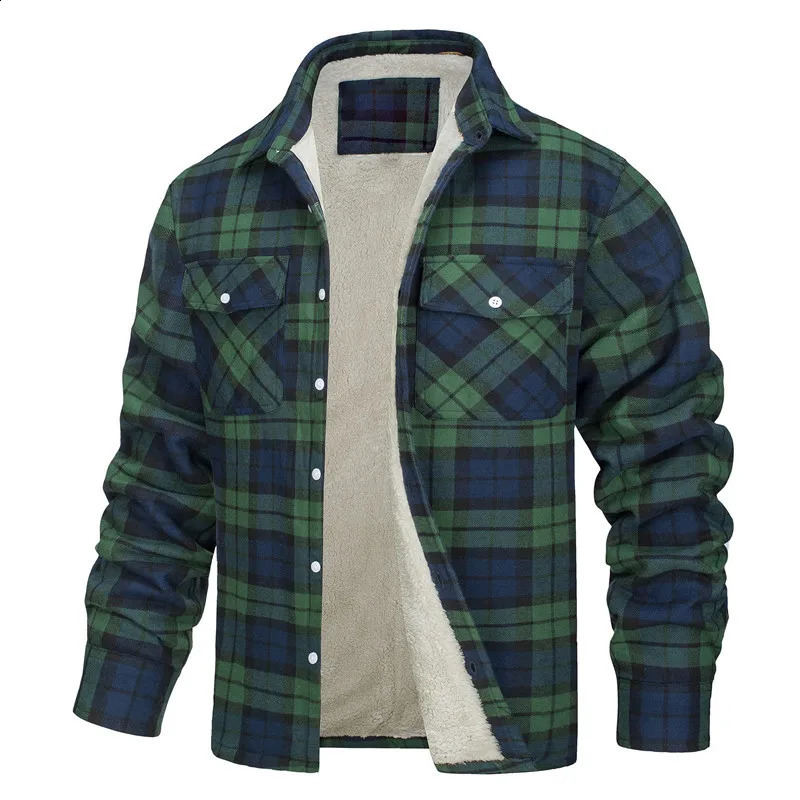 Mens Winter Warm Thick Long Sleeve Lapel Plaid Lined Single Breasted Loose Fleece Jacket 240802