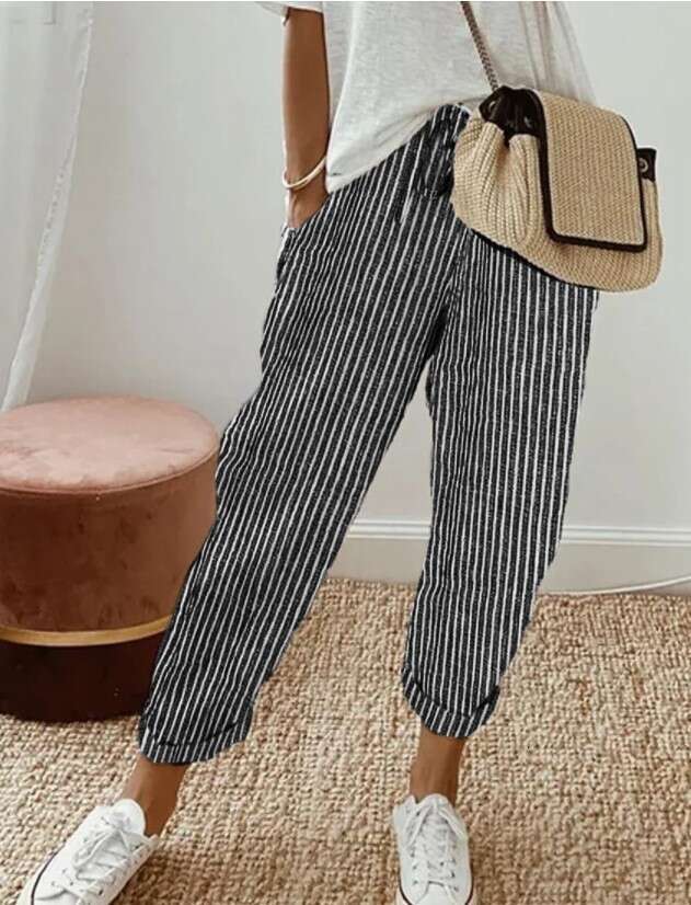 2024 Summer New Striped Casual Pants Loose Elastic Waist for Women Cotton Trousers Harlan Sweatpants Overalls Nine Points and Sweat Pants Unisex