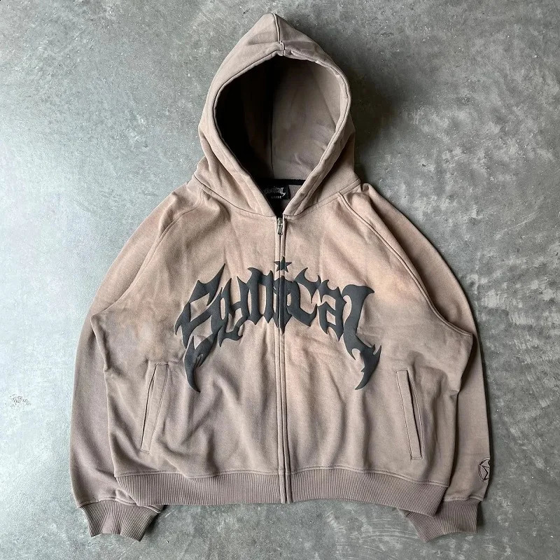 Harajuku High Street Vintage Letter Print Y2k Zip Hoodies Men Loose Sweatshirt Unisex Casual Joker Pullovers Hoodie Tops 240805