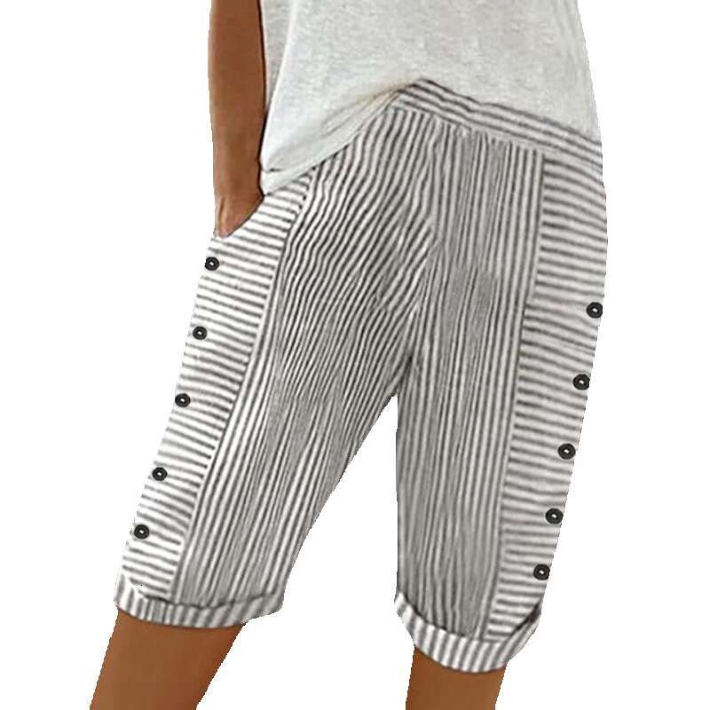 Womens Striped Printed Summer Knee Length Bermuda Casual Elastic Waist Button Shorts Hip-hop Style and Sweat Pants Unisex Waterproof Trousers Man