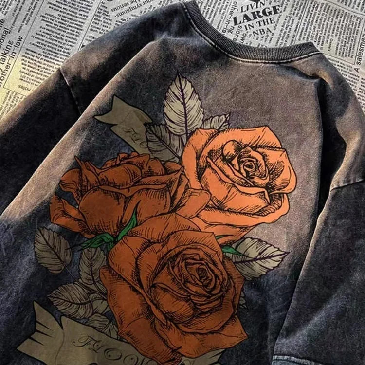 Trendy retro rose print graphic T-shirt for men and women summer American couple personality casual short sleeved top harajuku 240805