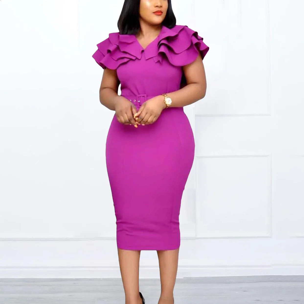 Elegant Bodycon Dresses for Women V Neck Ruffles Belt Waisted Bandage Mid Calf Package Hips Africcan Business Work Wear Dress OL 240805