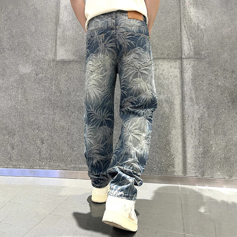 Spring Mens Graphic Jeans Straight Leg Baggy Denim Outwear Loosen Fit Male Y2K Pants 240805