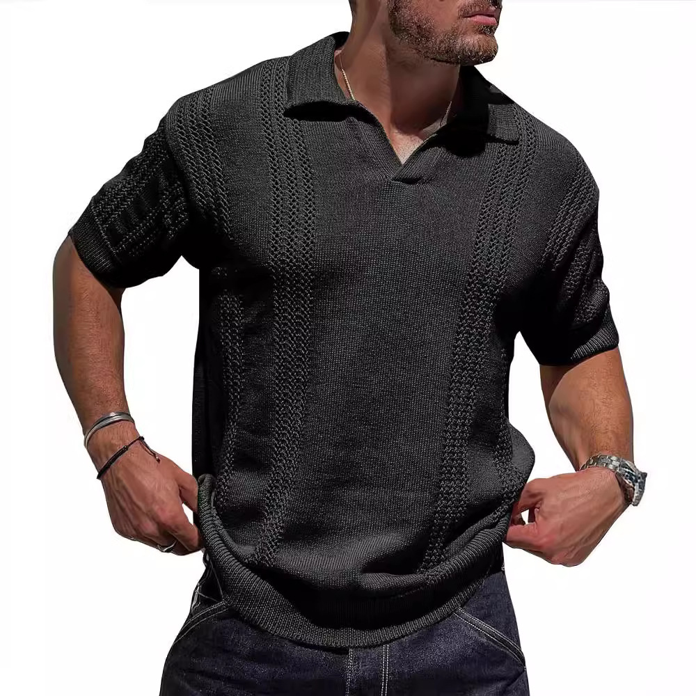 Summer new fashionable knitted polo shirt short sleeved V-neck loose solid color hollow out men's top