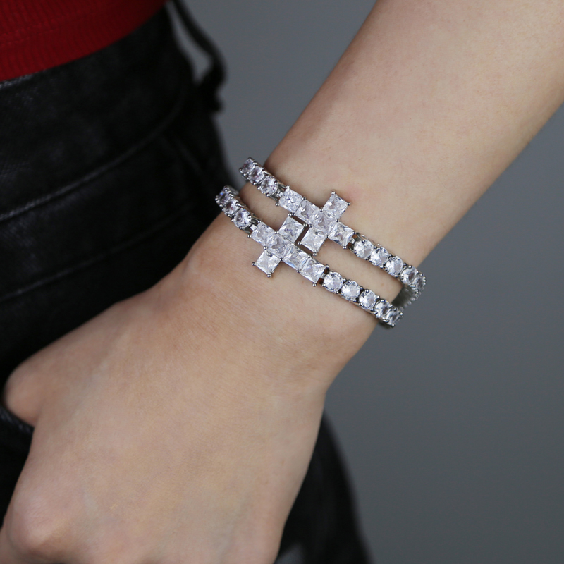 Mens Iced Out Bg Hip Hop Jewelry CZ Tennis Chain Cross Charm Bracelet Sparkg 5A Cubic Zirconia