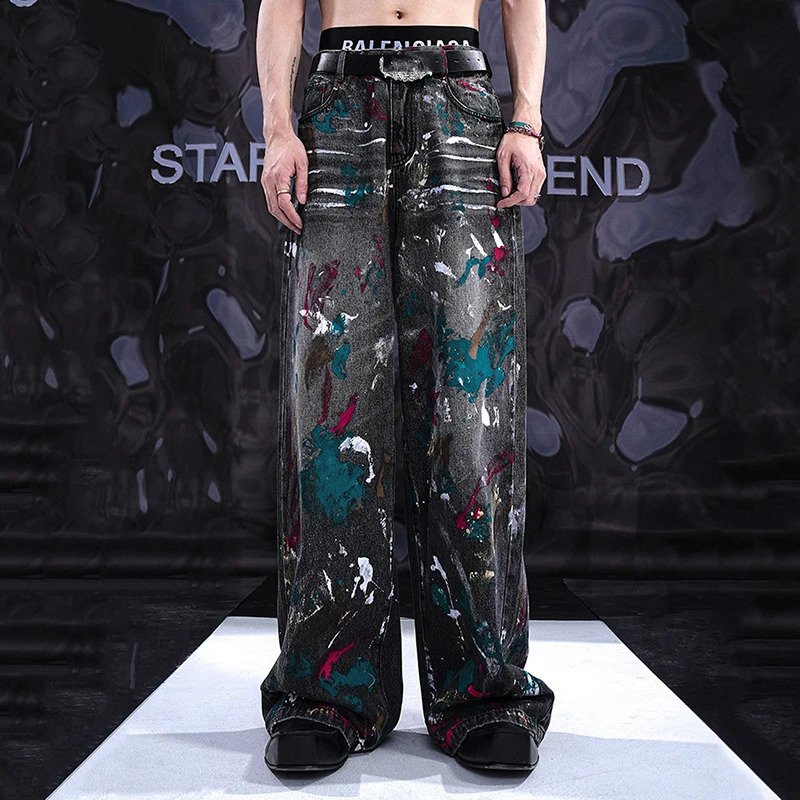 FEWQ Artificially Painted Graffiti Mens Jeans Summer American Hiphop Wide Legged Pants Contrast Color Trousers 24E1255 240805