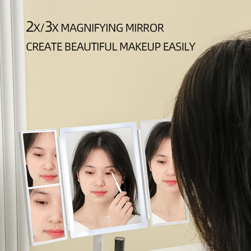 Folding LED makeup mirror with touch screen 3color light 2X3X magnifying 360 ° rotating rechargeable dimming 240729