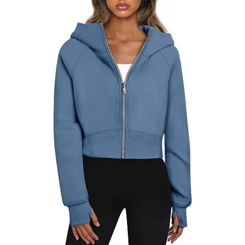 Crop Hoodie Womens Fleece Thickened Yoga Jacket Short Full Zipper Sport Hooded Loose Coat Cardigan Sweatshirt