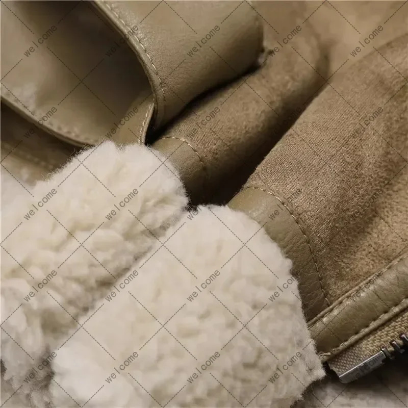 Winter womens thick warm suede sheepskin jacket short motorcycle brown artificial wool 240824