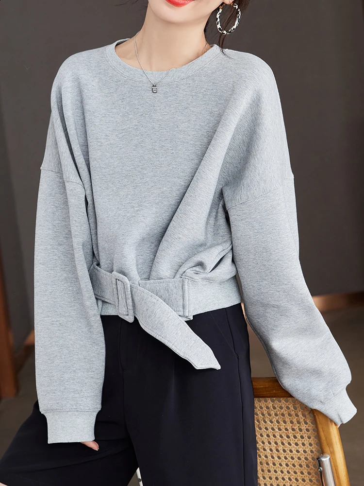Stylish Grey Sweatshirts Autumn Winter Women Plain Long Sleeve Belt Waist Loose Casual Oversize Pullovers Korean Short Jumper 240813