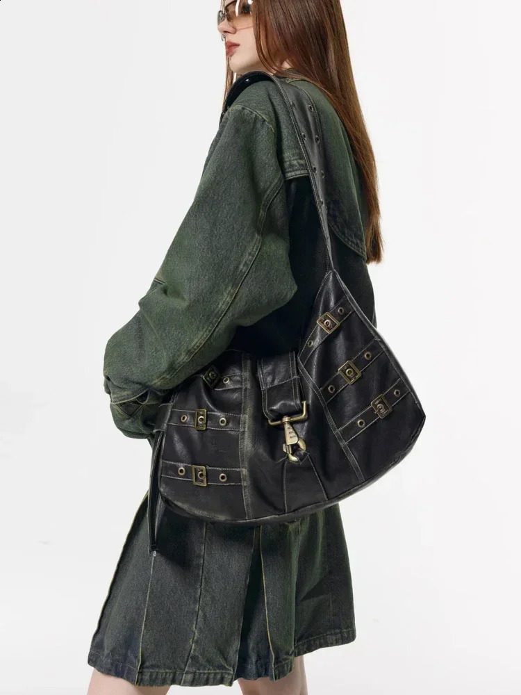 Y2k Emo Women Harajuku Gothic Black Hobo Hand Bag Vintage Motor Aesthetic Grunge PU Purses Shoulder Crossbody Handbags Bags 240805