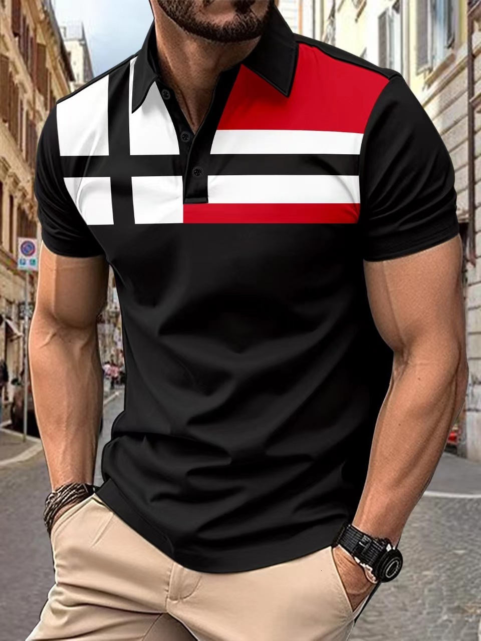 2024 short sleeved striped 3D printed Polo casual men's top