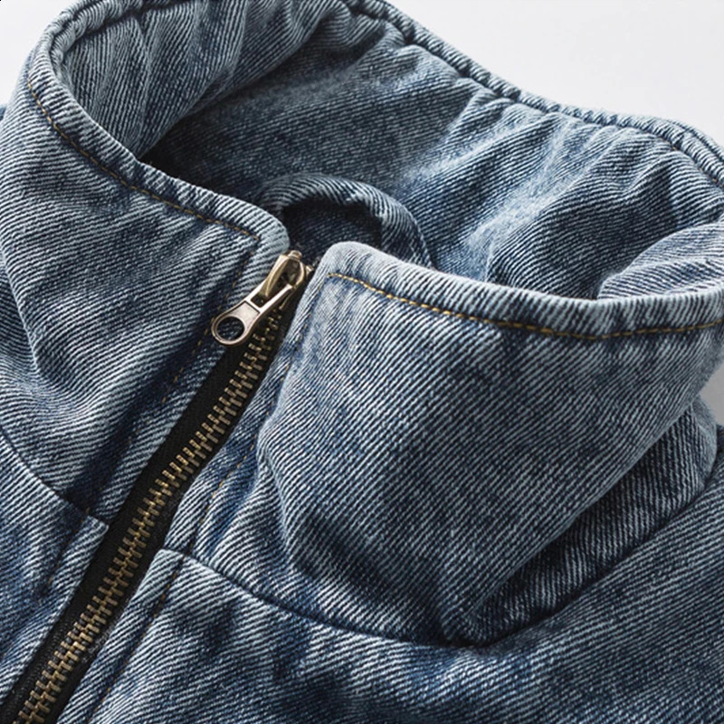 Japanese style standing collar mens letter printing retro denim jacket autumn winter large pocket zipper loose fit 240824