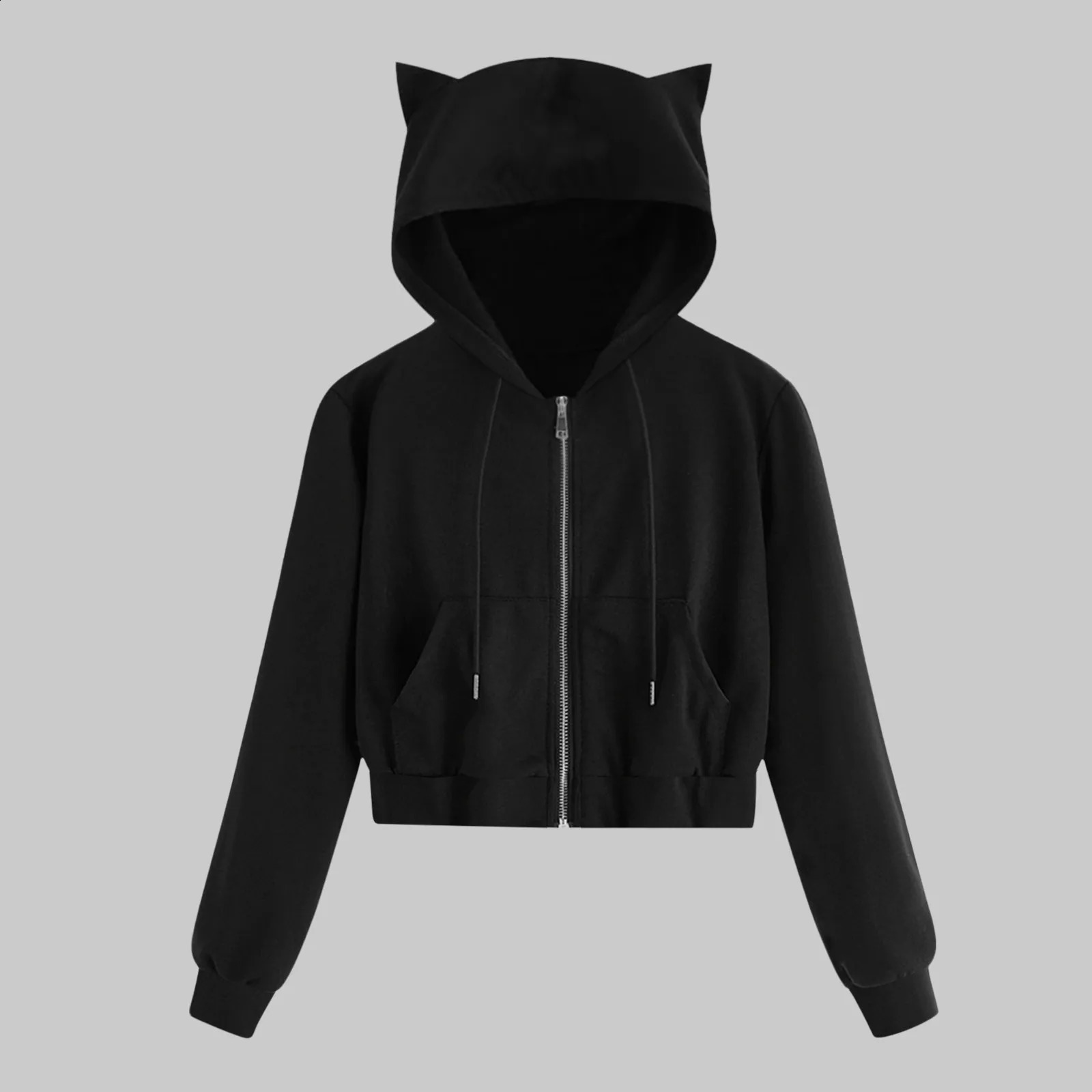 Cat Ear Zip Up Cropped Hoodies Sweatshirts For Teen Kawaii Jackets Pocket Drawstring Harajuku Hoody Sudaderas Tracksuit 240805