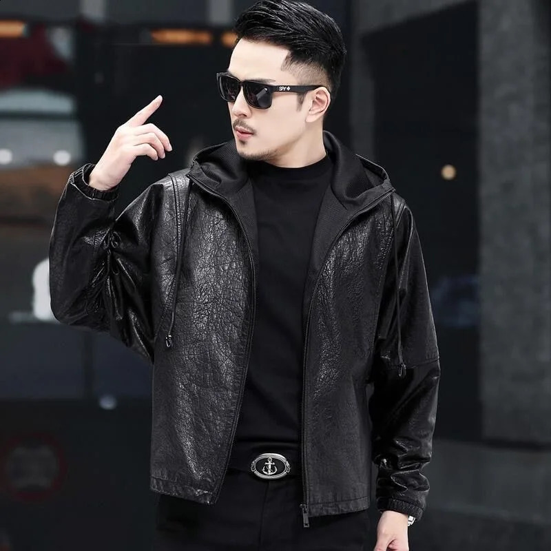 Winter sheep leather coat man hooded bat sleeve casual loose short motorcycle leather jacket 240816