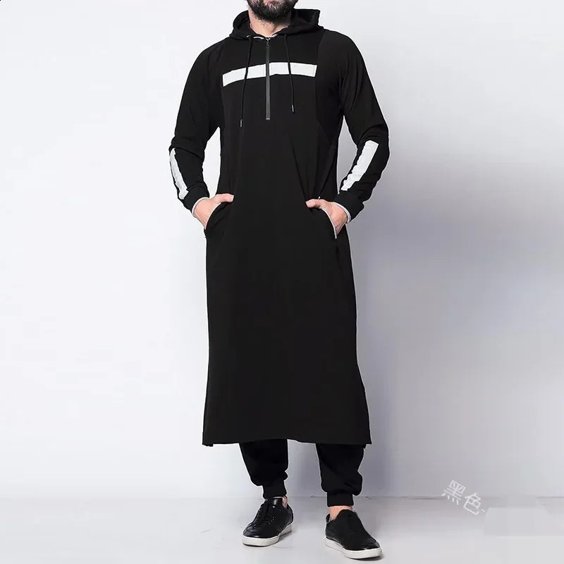2024 Mens Casual Long Sleeve Pullover Hooded Drawstring Long Sweater Vintage Fashion Striped Pocket Robe 240805