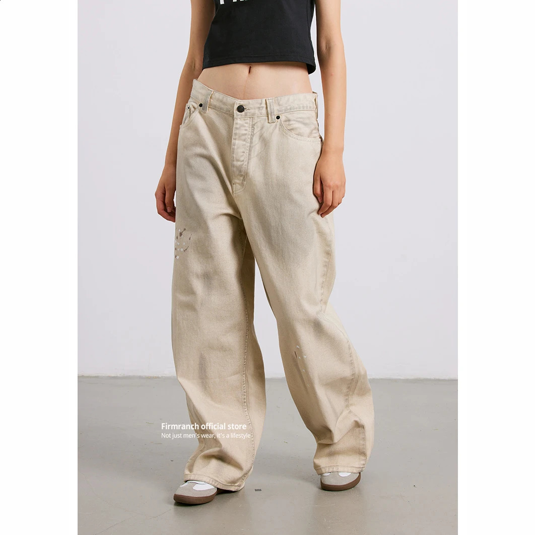 Firmranch Retro Make Old Dirty Baggy Jeans For Men Women Straight Wide Leg Casual Pants High Street Cotton Splash-ink Trousers 240805