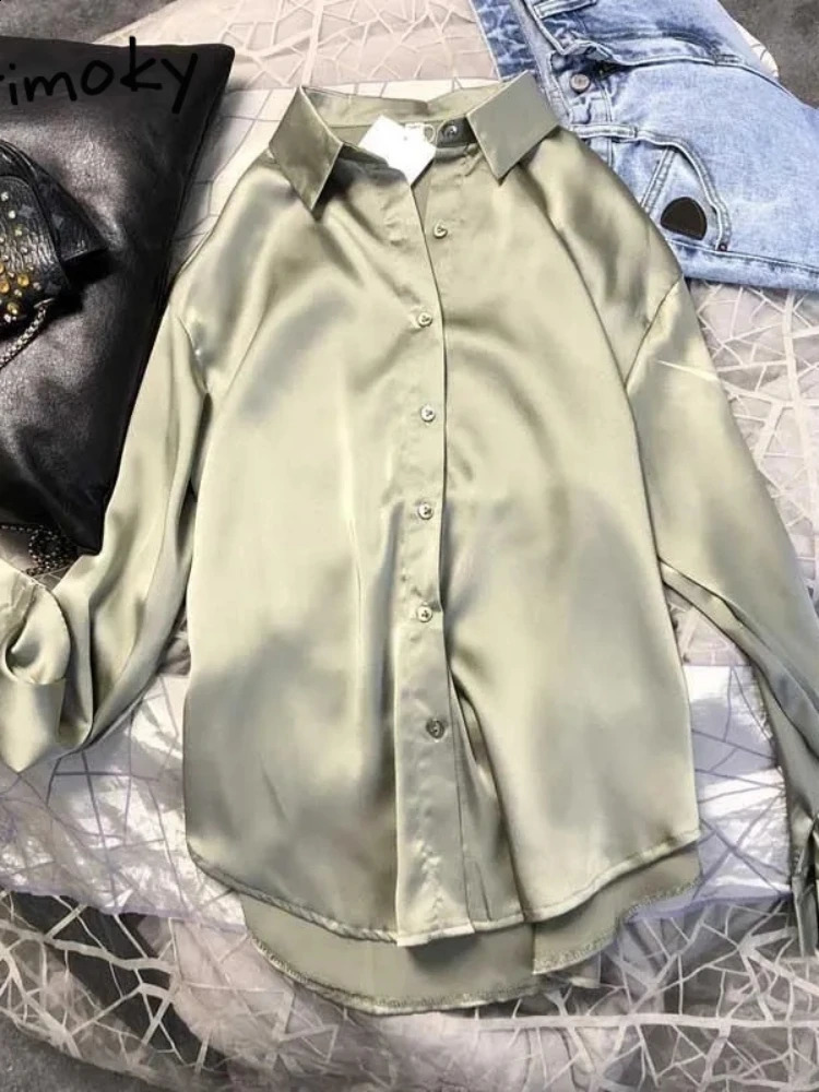 Casual Office Lady Silk Blouses Autumn Long Sleeve Button Up Shirt Women Elegant Winter Tops Office Lady Acetate Blouse 240805