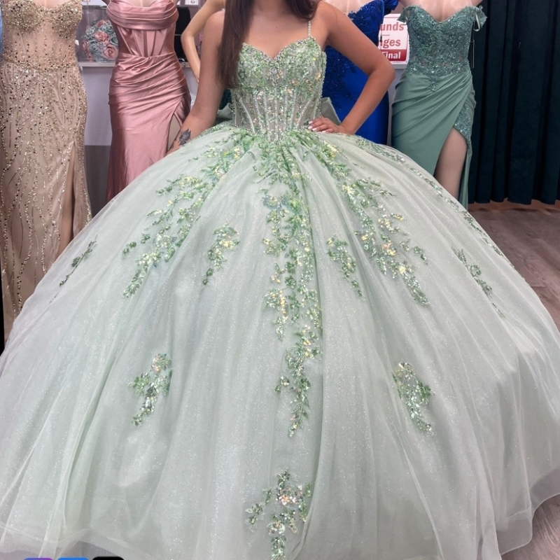 Mint Green Quinceanera Dresses Princess Ball Gown Sequin Applique Lace Bead Tull Birthday Party Prom Vestido De 15 Anos Sweet 16 Dress