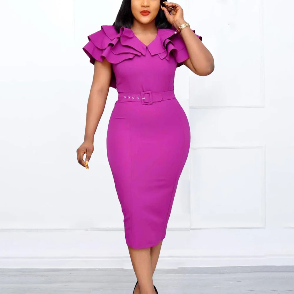 Elegant Bodycon Dresses for Women V Neck Ruffles Belt Waisted Bandage Mid Calf Package Hips Africcan Business Work Wear Dress OL 240805