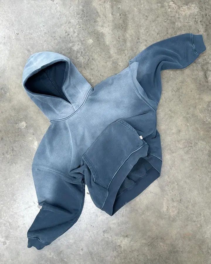 Retro Blue Tie Dye Washed Hoodie Gothic Punk Sweatshirt Men and Women Pullover Clothes Casual Loose Hoodies Tops Streetwear 240812