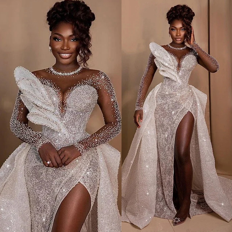 2024 Mermaid Dress Bridal Bride With Detachable Train Side Split Sheer Neck Long Sleeves Beaded Sequined Lace Wedding Gowns for Black Women 0920