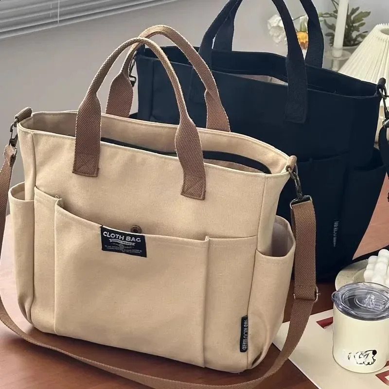 Urban Minimalist Female Student Large Capacity Commuting Horizontal Canvas Single Shoulder Diagonal Cross Portable Tote Bag 240805