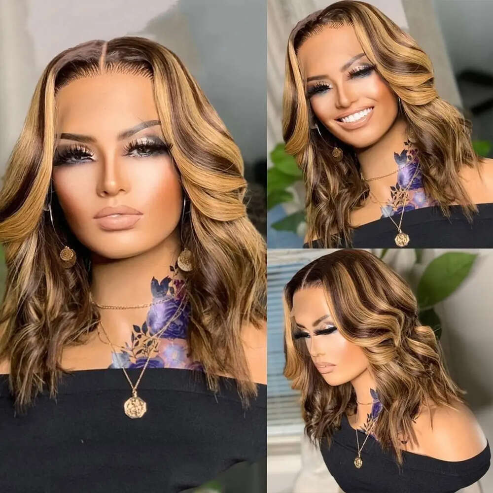 Colored Highlight 13X4 Huamn Lace Front Human Hair Wigs Honey Blonde 200% Body Wave Frontal Wig For Black Women