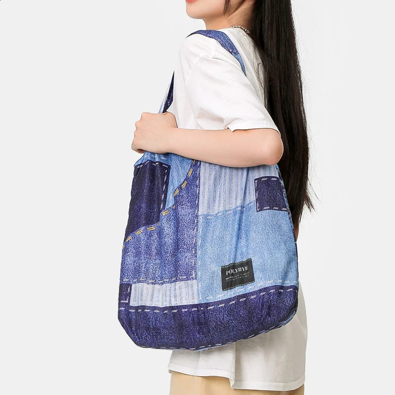 Polybye ultra lightweight reusable handbag environmentally friendly recycled polyester folding shopping bag handbag grocery bag denim 240805