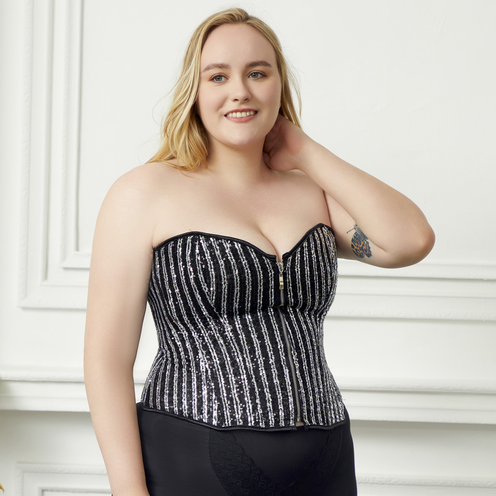 Women Striped Sequins Zip-up Overbust Corset Fashion Sequined Steampunk Plus Size Shapewear Fashion Showgirl Clubwear Shaper Pink Black