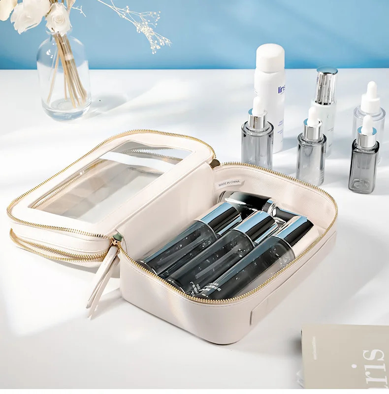 Double layer Saffiano leather makeup organizer toilet storage bag transparent PVC travel makeup bag 240805