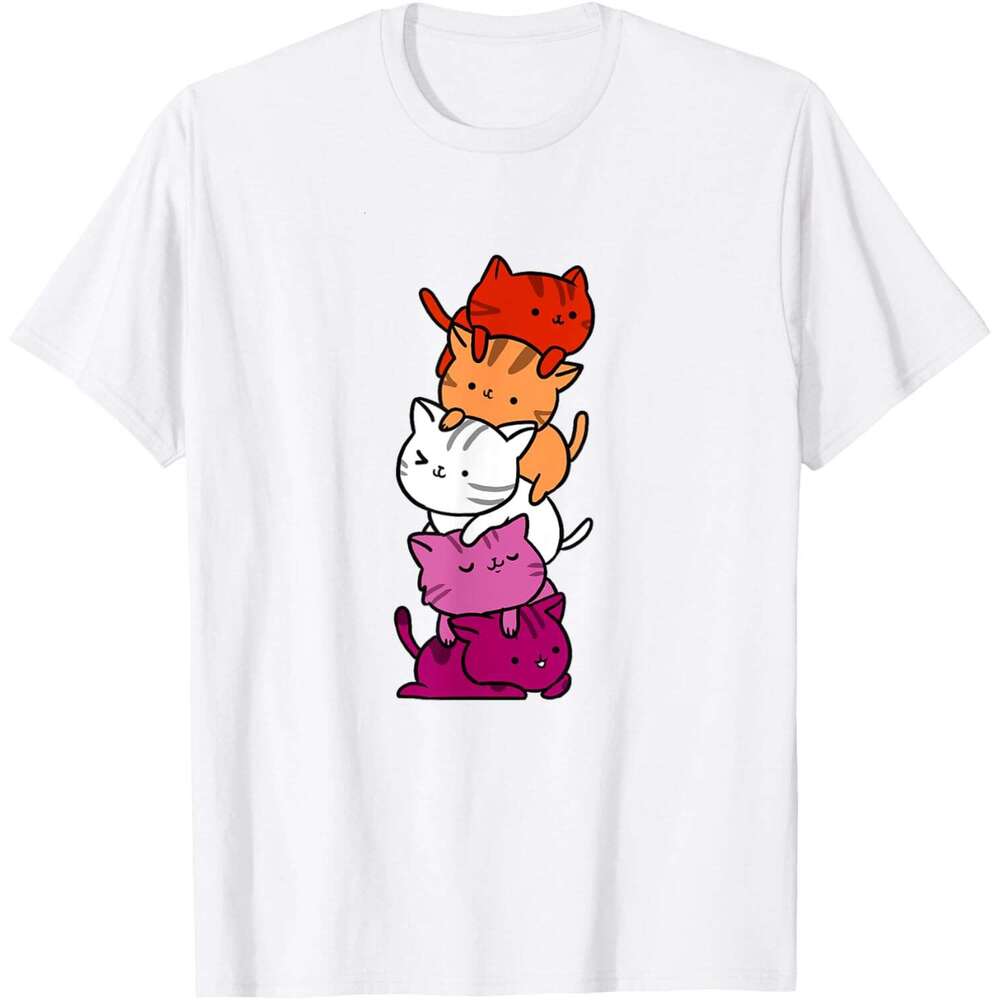 T shirt Mens Kawaii Cat Pile Orange Pink Lesbian Pride T-Shirt shirts tshirt graphic tee Casual tops summer clothes Short sleeve Free shipping