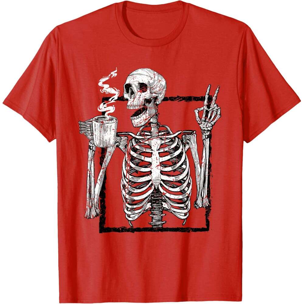 T shirt Mens Skeleton Drinking Coffee Gothic Peace Sign Halloween Grunge T-Shirt shirts tshirt graphic tee Casual tops summer clothes Short sleeve 202