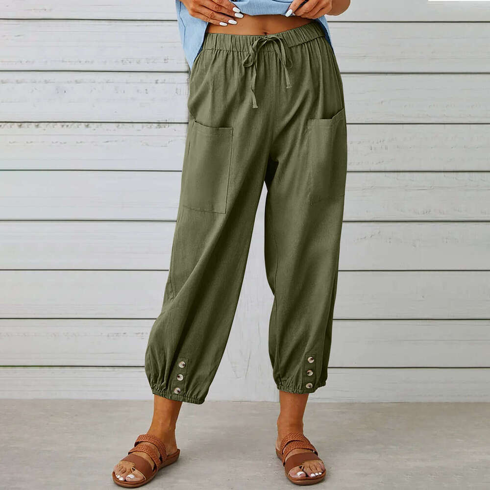 2024 New Loose High Waist Button Cotton Hemp Cropped Wide Leg Womens Pants Cotton Trousers Breathable Nine Points Sport Men Pants Cotton Gold Velvet P
