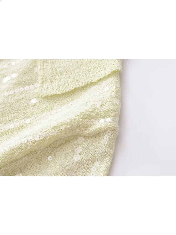 TRAF T-shirts for Women Knitted Sequins Tshirts Blouse Tops Summer Shirt Fashion Top Short Sleeve Buttons POLO Collar 240805