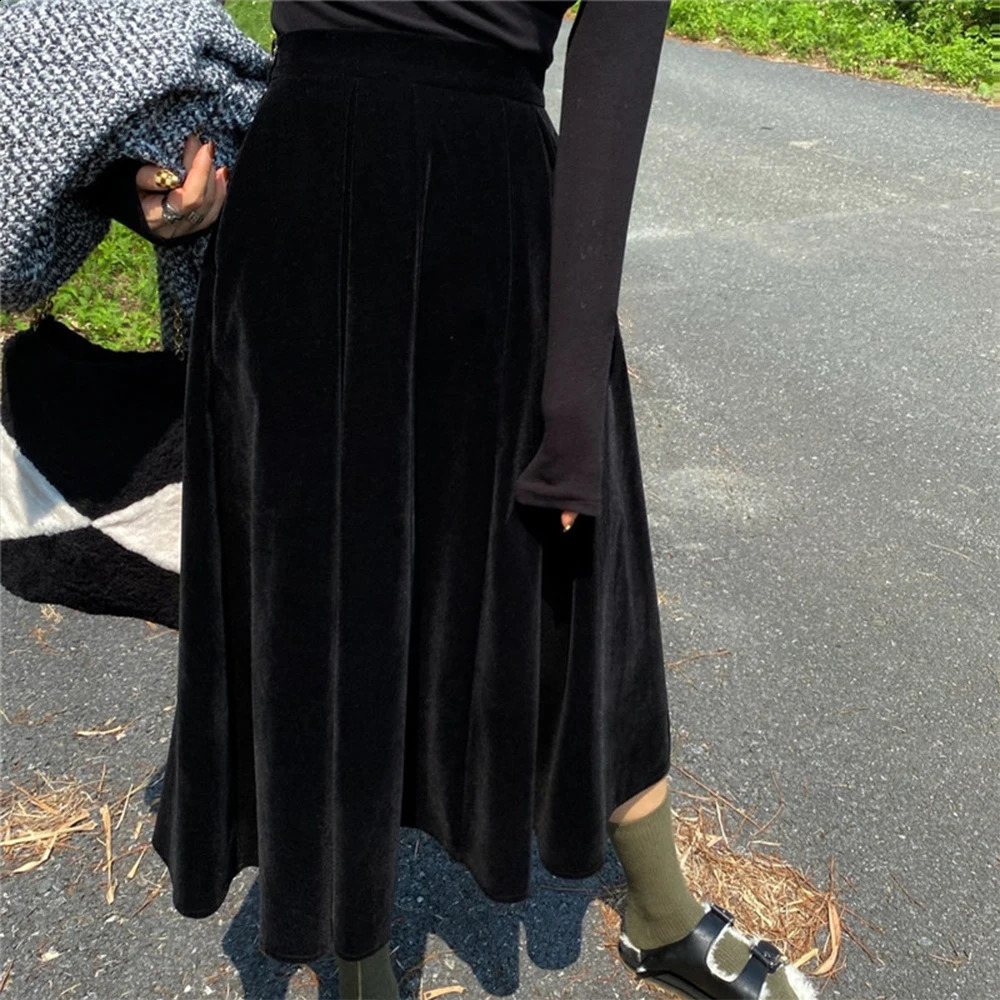 Arrival Women Autumn Winter Skirt Black Blue Coffee A Line Retro Vintage Long Midi Velvet Skirt SS0032 240802