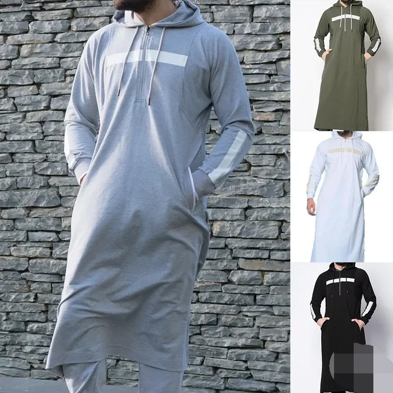2024 Mens Casual Long Sleeve Pullover Hooded Drawstring Long Sweater Vintage Fashion Striped Pocket Robe 240805