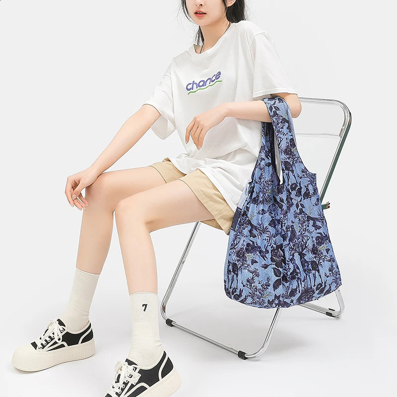 Polybye ultra lightweight reusable handbag environmentally friendly recycled polyester folding shopping bag handbag grocery bag denim 240805