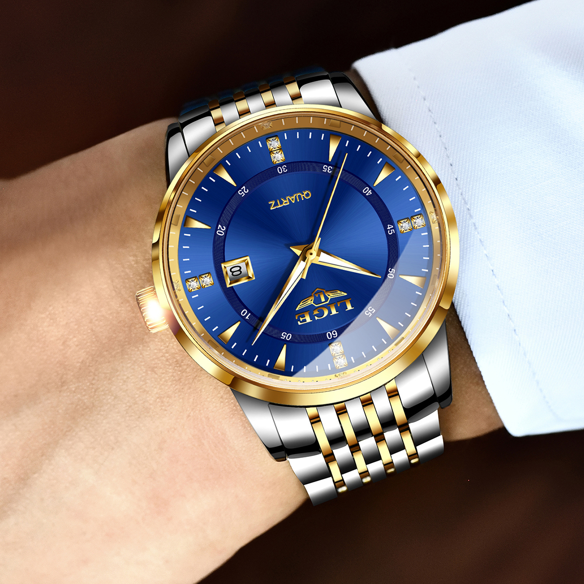 LIGE Men's Business Quartz Watch Stainless Steel strap Classic dial Men's Waterproof Watch Three pin Calendar watch Holiday gift Ultra-thin 