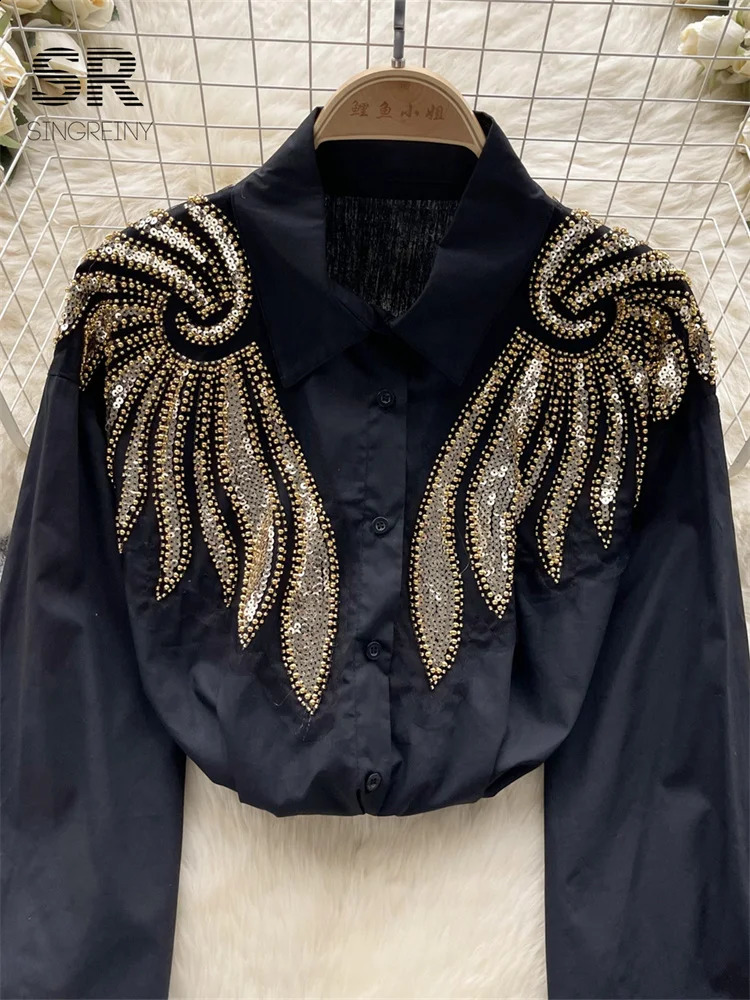 SINGREINY Sequines Wing Chiffon Shirt Women Elegant Lapel Long Sleeve Beading Fashion 2024 Spring Lady Slim Casual Blouse 240805
